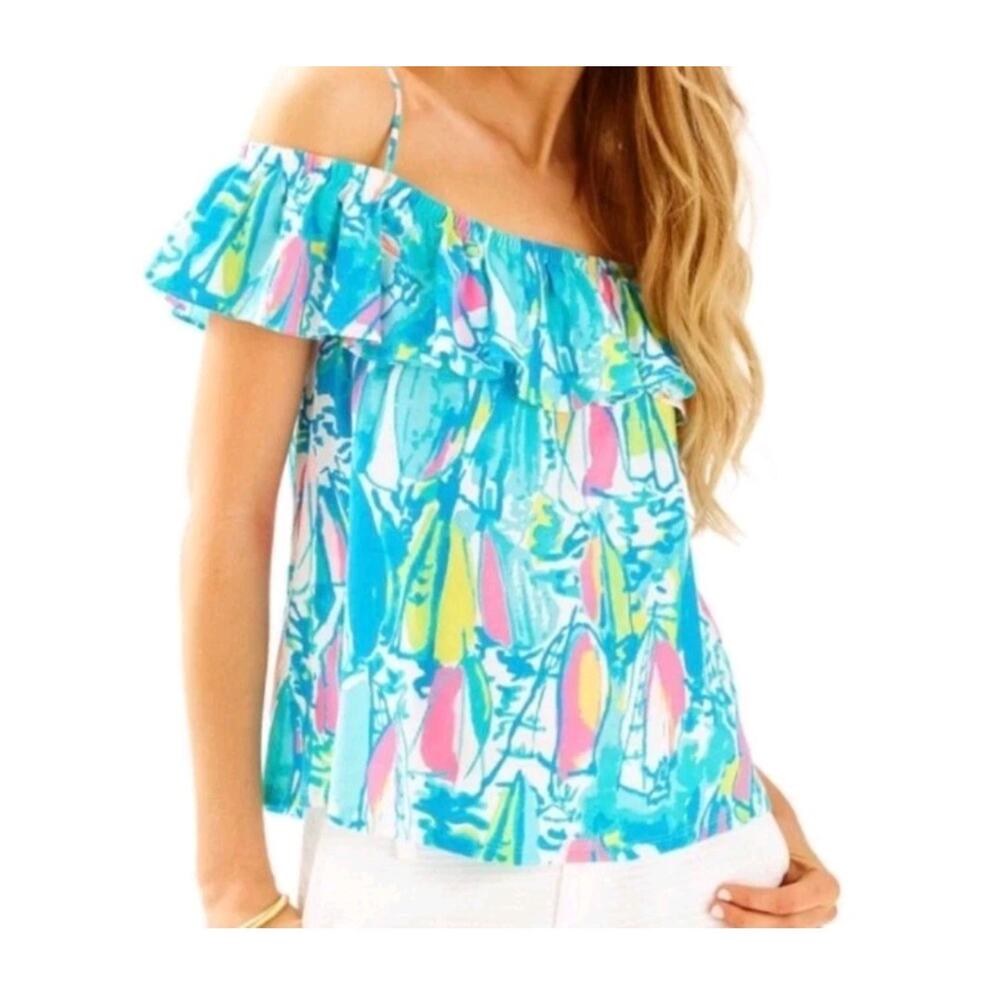 Lilly Pulitzer Top Womens XXS Blue Pink Off Shoulder Ruffle Surfboard Print Boho